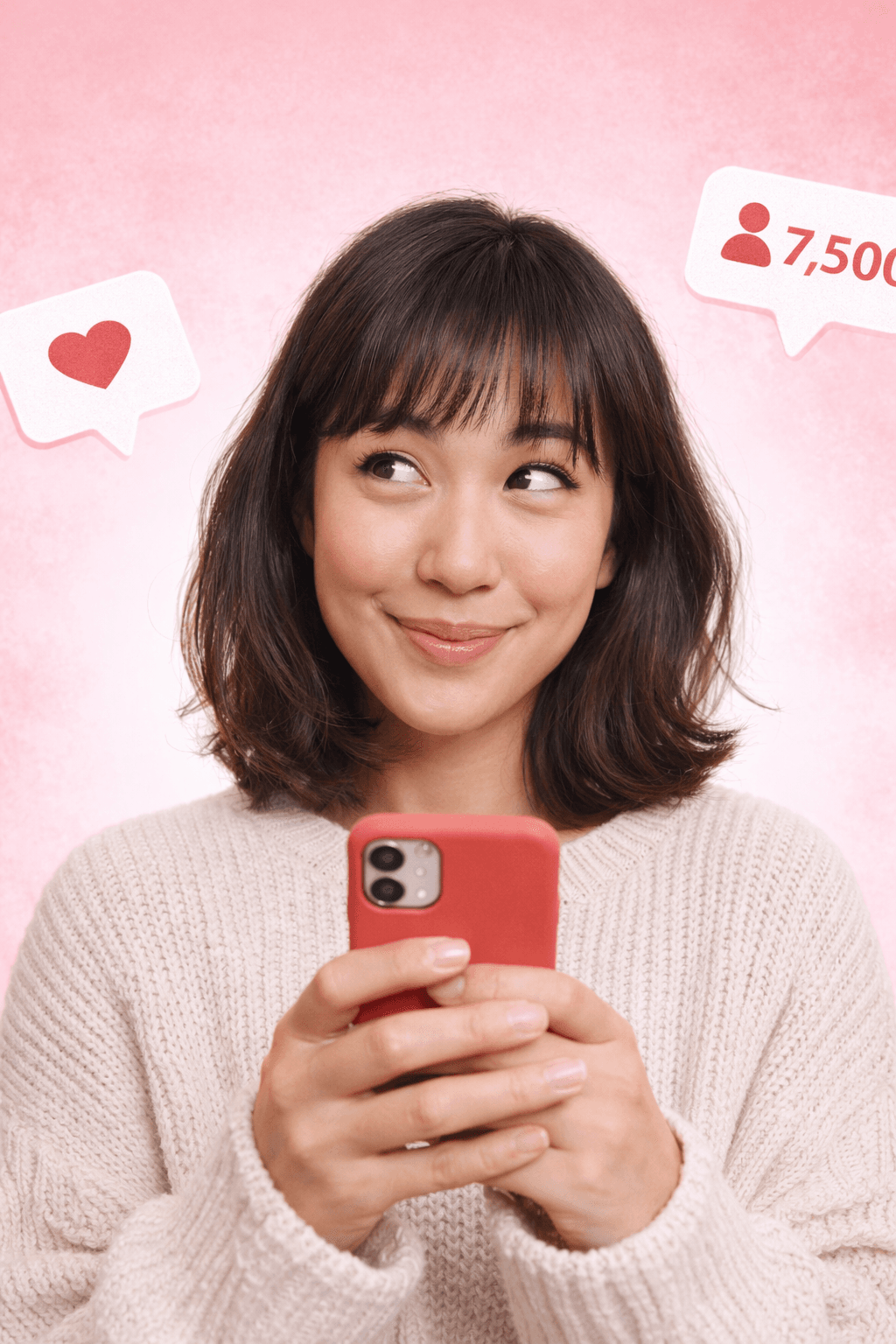 Woman smiling looking at phone social media