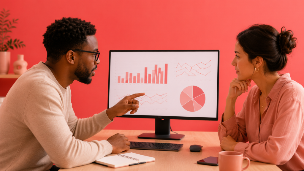 Two marketers analyzing influencer performance charts and social media growth data for Tips for Learning From Your Favorite Influencers.