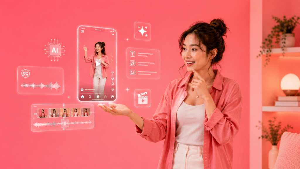 A creator using AI tools to create Instagram Reels with a floating video editing interface, caption tools, and reel preview on a pink studio background.